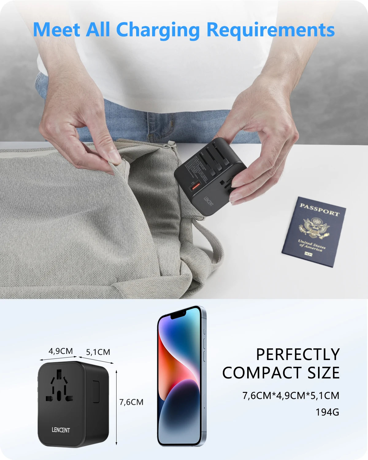 LENCENT 65W/100W GaN Universal Travel Adapter – Fast Charging EU/UK/US/AU Plug with 2 USB & 3 Type-C Ports
