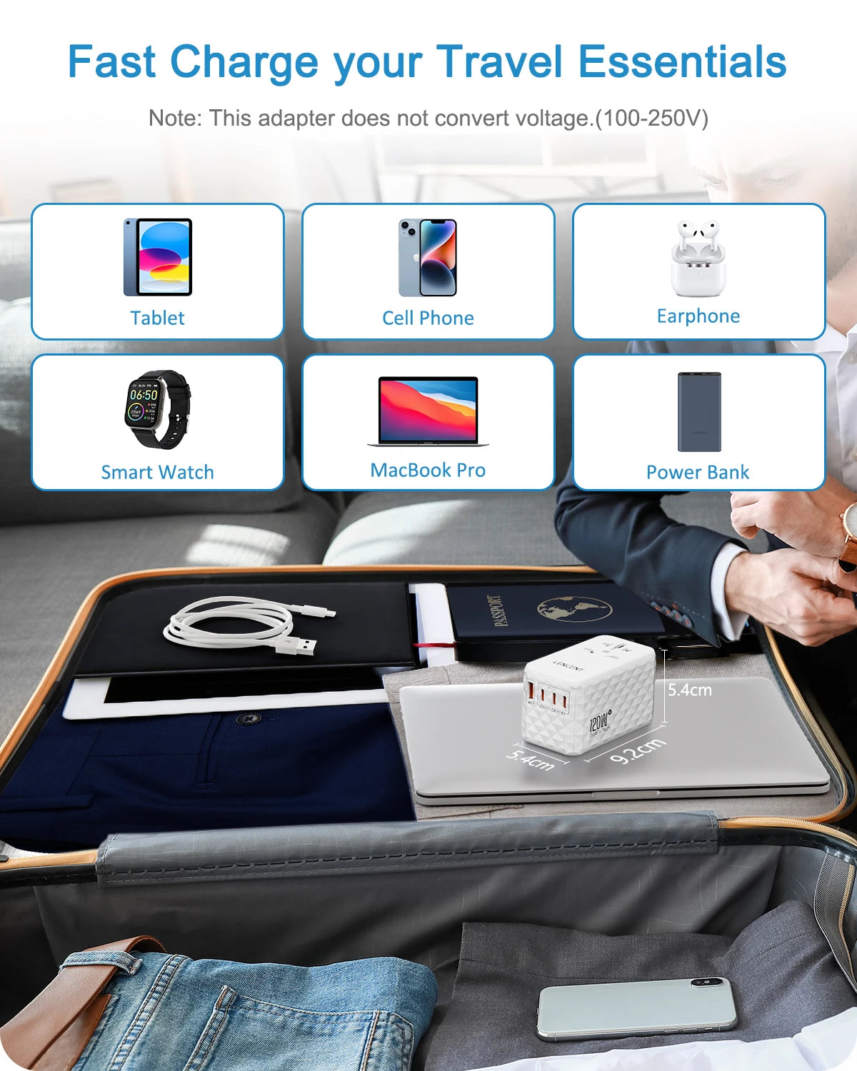 LENCENT 120W GaN International Travel Adapter – 1 USB-A & 3 Type-C PD3.0 Fast Charging EU/UK/USA/AUS Plug Travel Charger