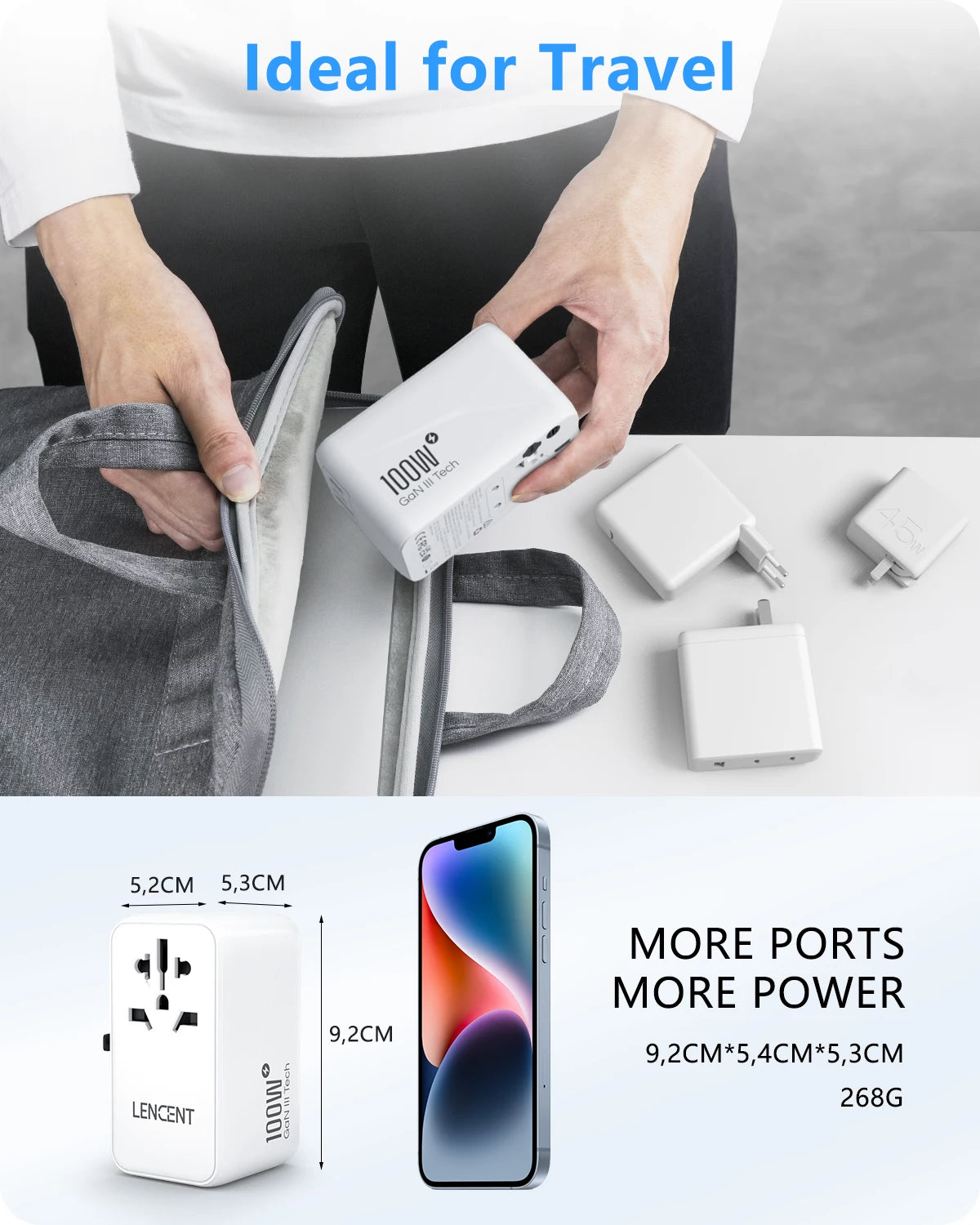 LENCENT 100W GaN Universal Travel Adapter – 2 QC4.0 USB-A & 2 PD3.0 Type-C PPS Fast Charging, EU/UK/USA/AUS Plug for Travel