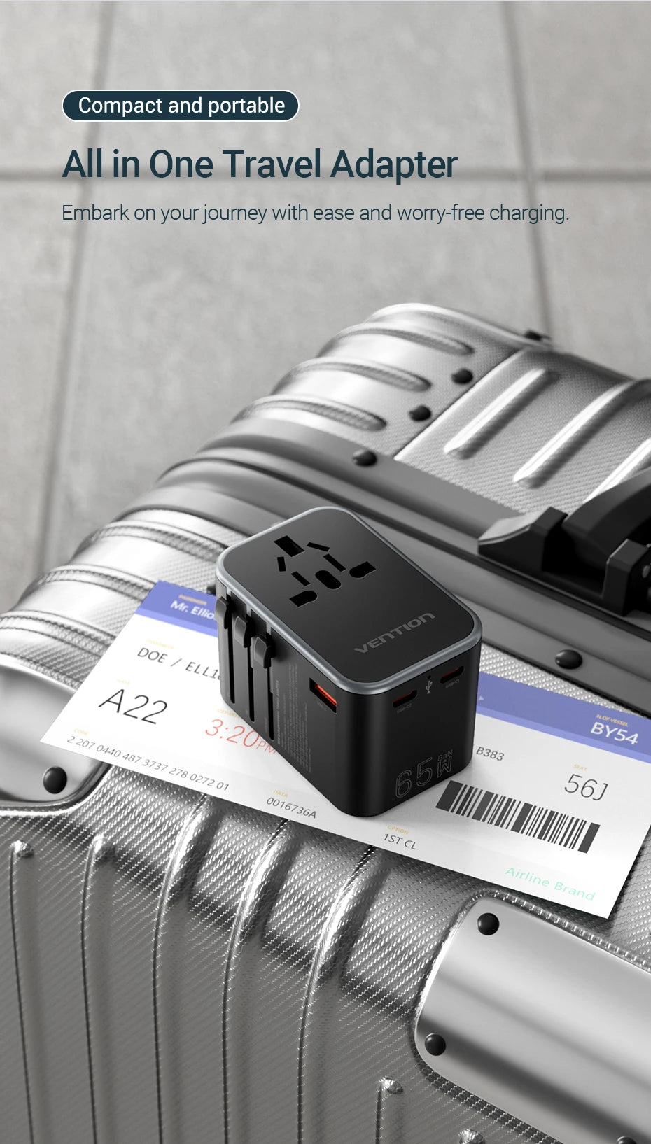 Vention 65W PD Universal Travel Adapter – All-in-One Worldwide Wall Charger with AC Power Plug for USA, EU, UK, AUS