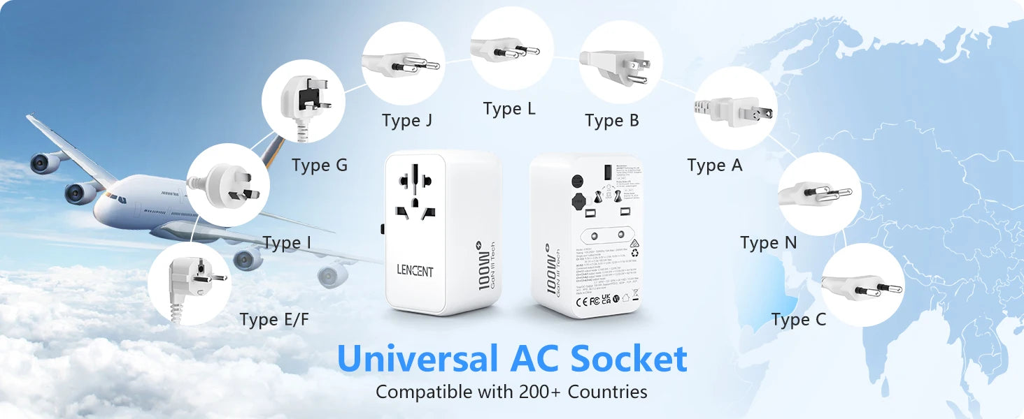 LENCENT 100W GaN Universal Travel Adapter – 2 QC4.0 USB-A & 2 PD3.0 Type-C PPS Fast Charging, EU/UK/USA/AUS Plug for Travel