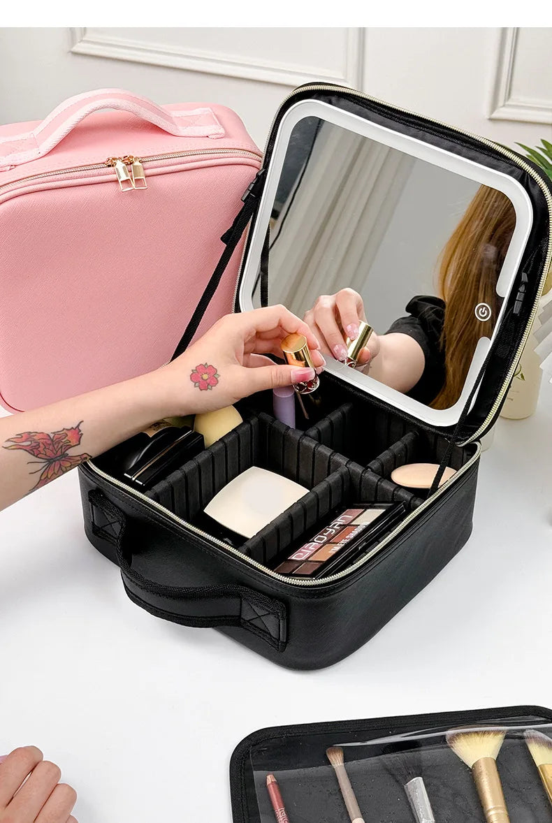Smart LED Makeup Case with Mirror – Large-Capacity Travel Beauty & Skincare Organizer