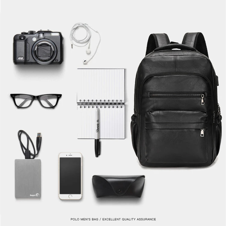 High-Quality USB Charging Backpack for Men – PU Leather Laptop Backpack, Large Schoolbag for Teenagers and Boys