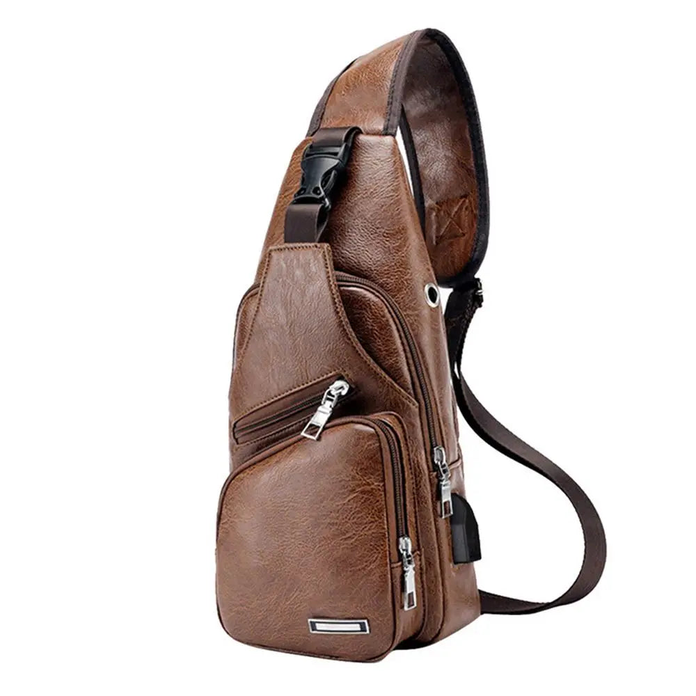 USB Data Cable Charging Chest Bag – Casual Fashion Shoulder Bag, PU Outdoor Sports Men’s Backpack