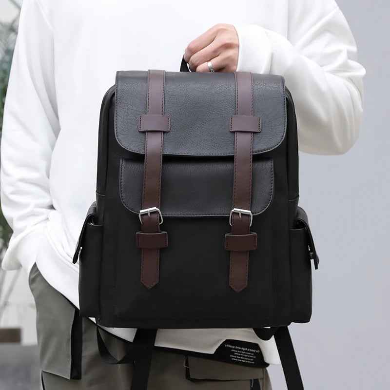 2025 Men’s PU Leather Backpack – Large Laptop Bag, Mochilas for Teenagers Boys, Black & Brown Schoolbag