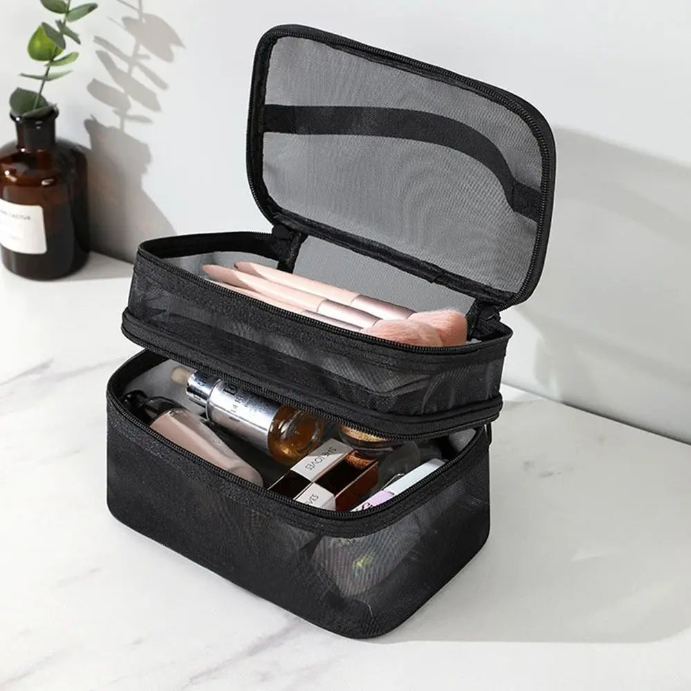 Fashion Transparent Mesh Travel Cosmetic Bag – Large Capacity 1/2/3 Layer Toiletry & Makeup Organizer for Women
