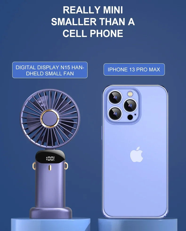 5000mAh Portable Mini Fan – Wireless USB Rechargeable, 5-Speed Foldable Neck Hanging Fan with Digital Display & Phone Holder
