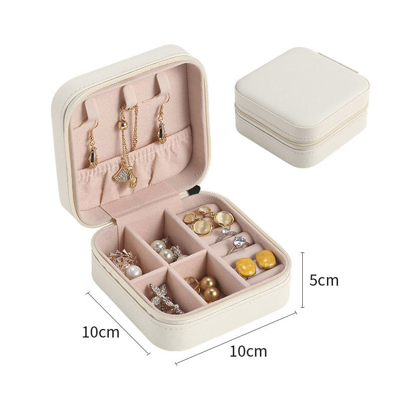 Portable Leather Jewelry Box – Travel Organizer with Zipper for Rings, Earrings & Necklaces