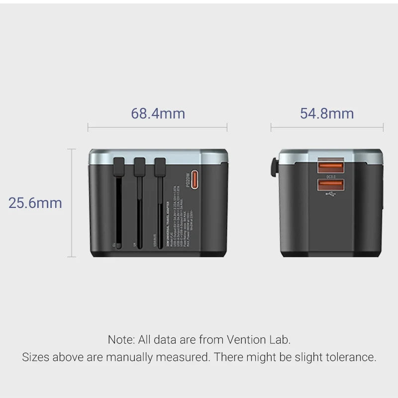 Vention 65W PD Universal Travel Adapter – All-in-One Worldwide Wall Charger with AC Power Plug for USA, EU, UK, AUS