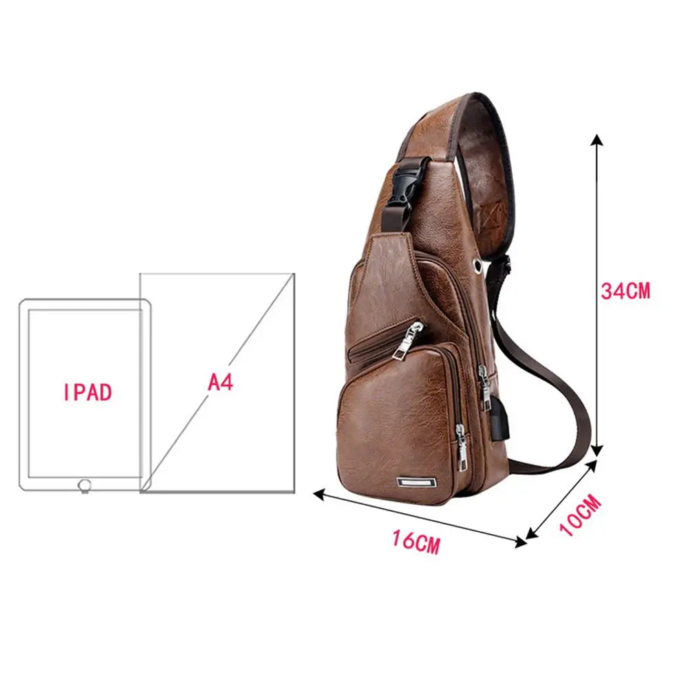 USB Data Cable Charging Chest Bag – Casual Fashion Shoulder Bag, PU Outdoor Sports Men’s Backpack