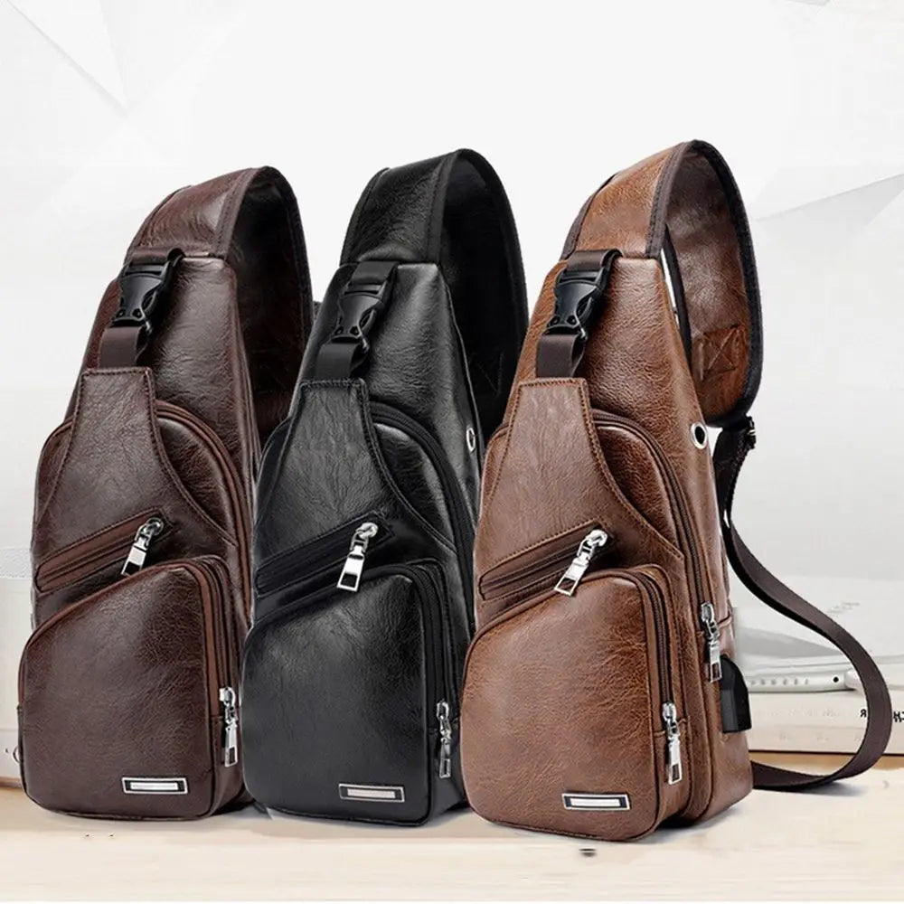 USB Data Cable Charging Chest Bag – Casual Fashion Shoulder Bag, PU Outdoor Sports Men’s Backpack