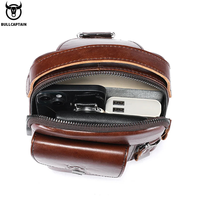 BULLCAPTAIN Men's Genuine Leather Chest Bag – Retro Anti-Theft Crossbody Bag for 7.9" Devices
