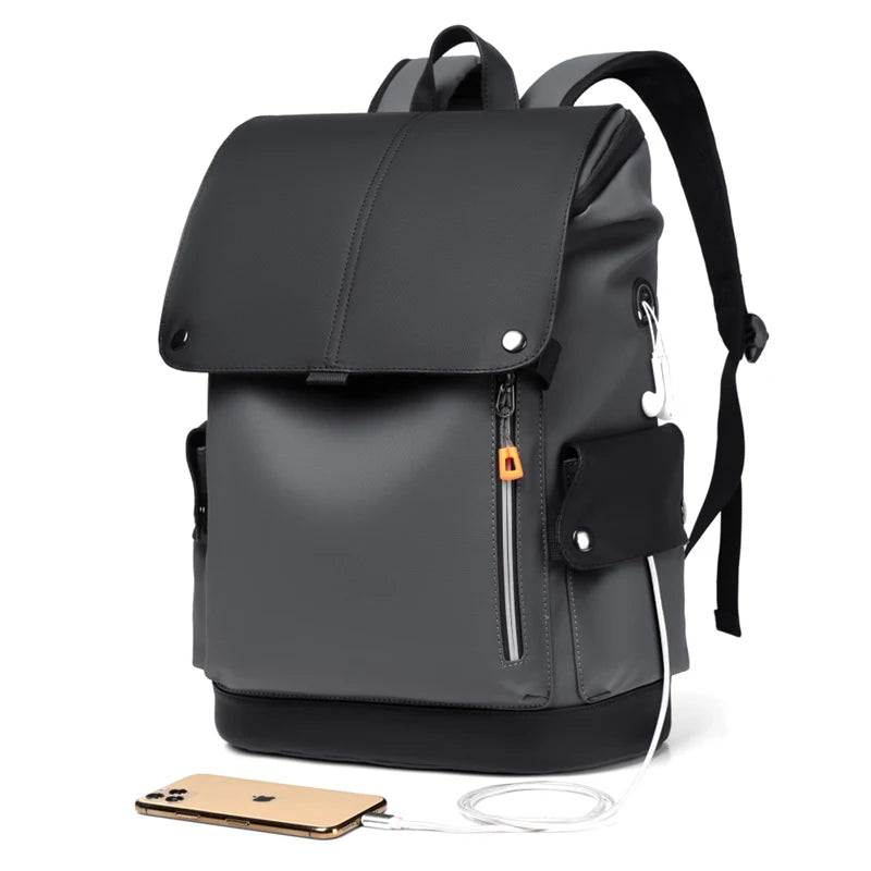 High-Quality PU Leather Waterproof Men's Laptop Backpack – Large Computer Backpack for Business, Urban Man with USB Charging