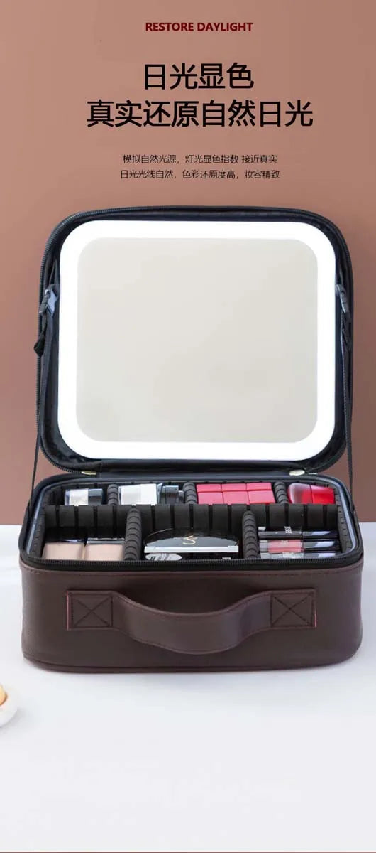 LED Travel Makeup Bag with Mirror – Large-Capacity Portable Storage Case with Combination Lock