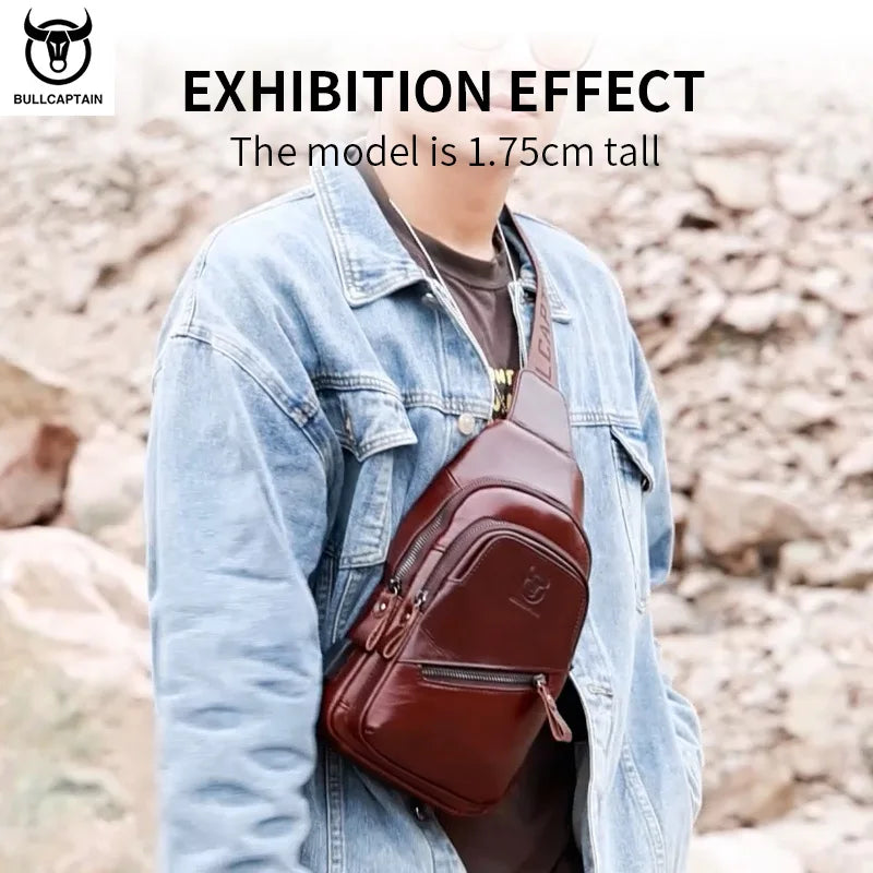 BULLCAPTAIN 2025 Men's Leather Chest Bag – Large Capacity Casual Messenger Bag, Classic Leather XB 127