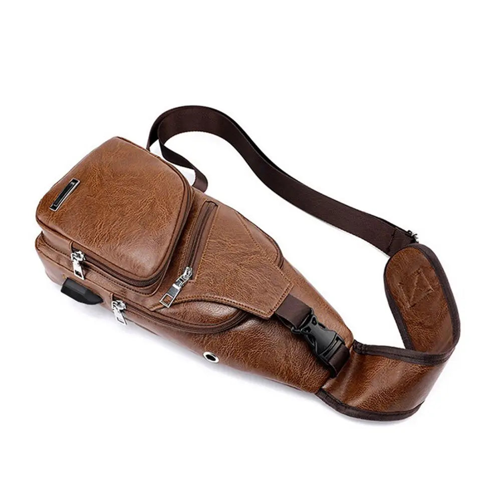 USB Data Cable Charging Chest Bag – Casual Fashion Shoulder Bag, PU Outdoor Sports Men’s Backpack