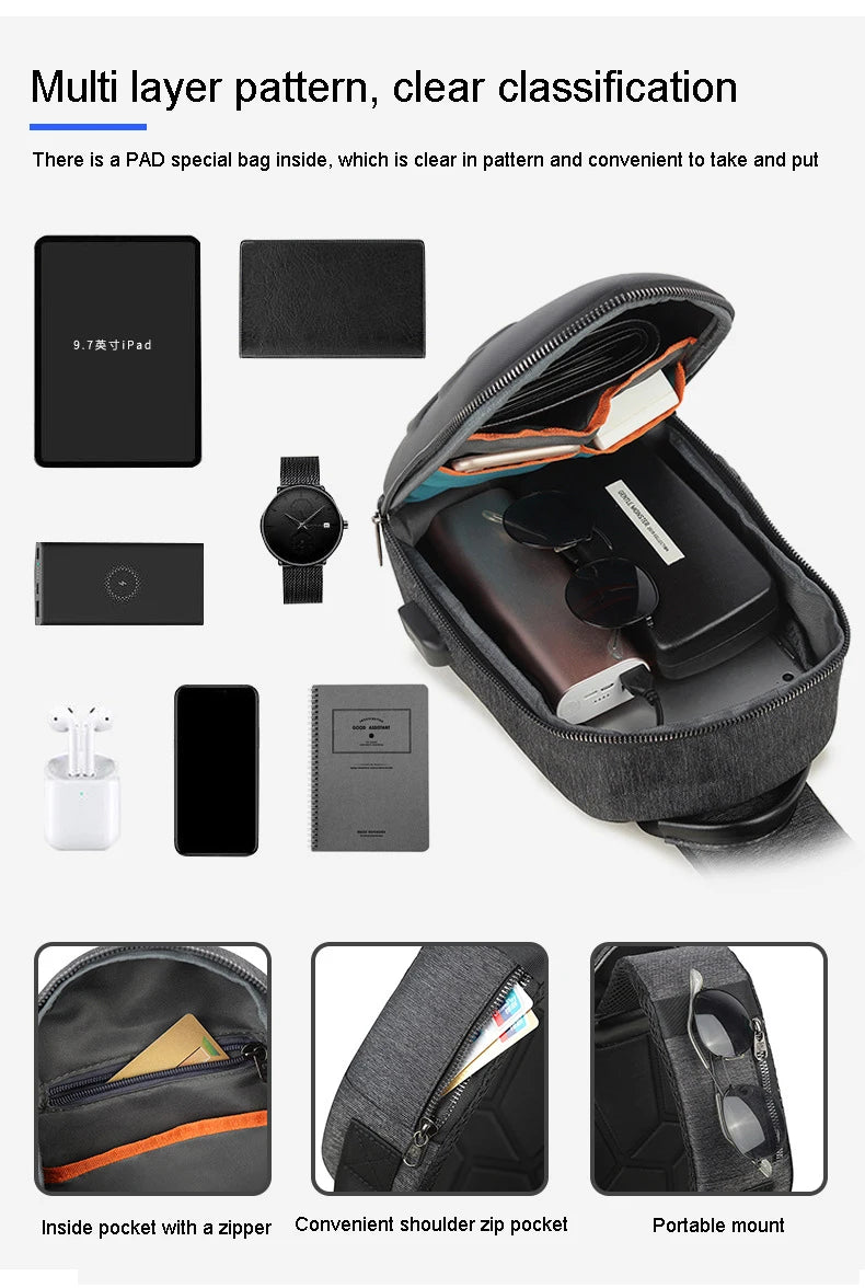 Men's Running Chest Bag – USB Charging Sling Pack for Travel, Cycling & College Students