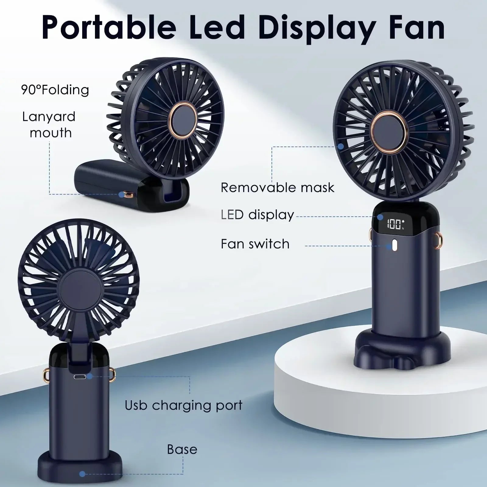 5000mAh Portable Mini Fan – Wireless USB Rechargeable, 5-Speed Foldable Neck Hanging Fan with Digital Display & Phone Holder