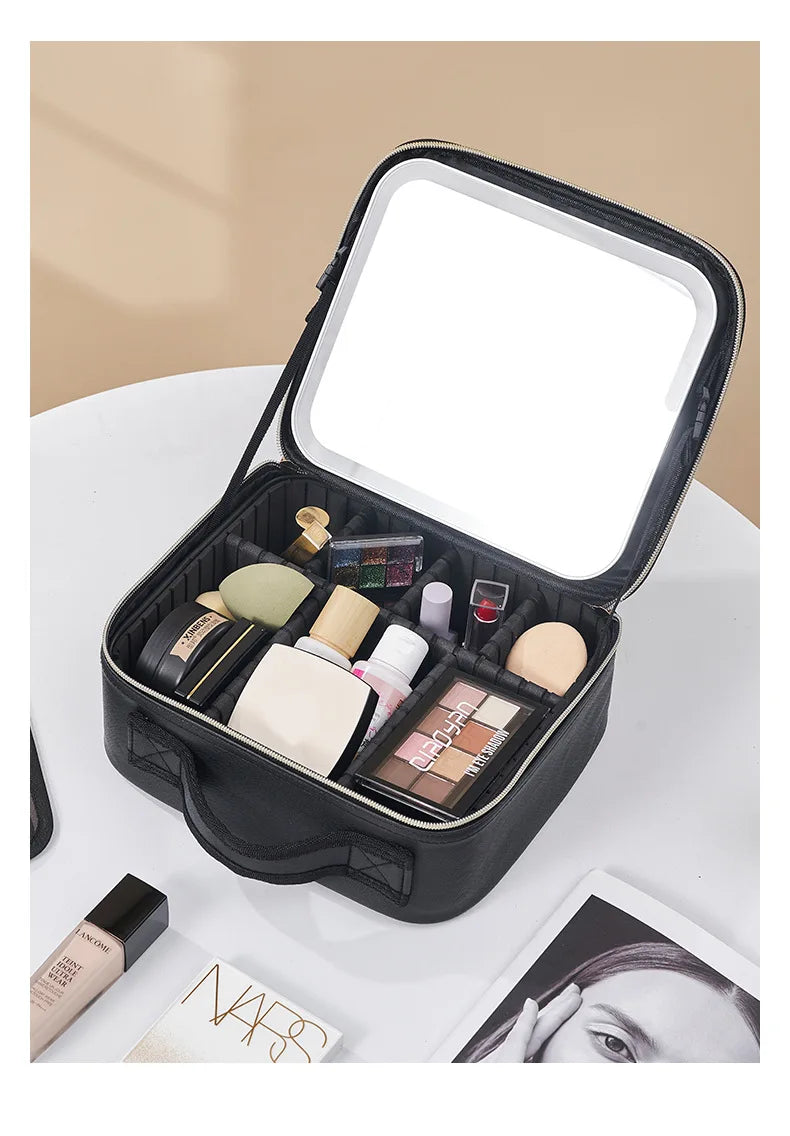 Smart LED Makeup Case with Mirror – Large-Capacity Travel Beauty & Skincare Organizer