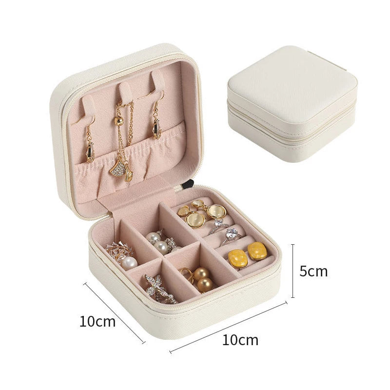 Portable Leather Jewelry Box – Travel Organizer with Zipper for Rings, Earrings & Necklaces