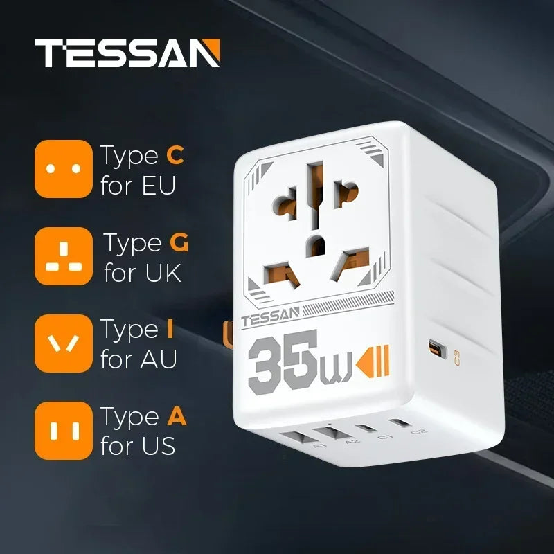 TESSAN 100W GaN Universal Travel Adapter – Fast Charging USB & Type-C Plug for EU/UK/US/AU!