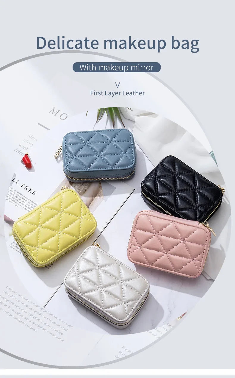 Mini Leather Cosmetic Bag – Stylish Lipstick & Coin Purse with Built-in Makeup Mirror