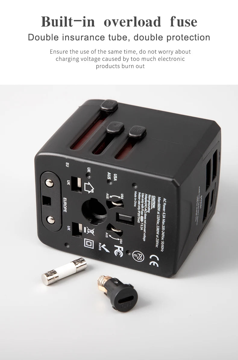 65W Universal Travel Adapter – All-in-One Charger with 3 USB & 1 Type-C for US, EU, UK, & AU