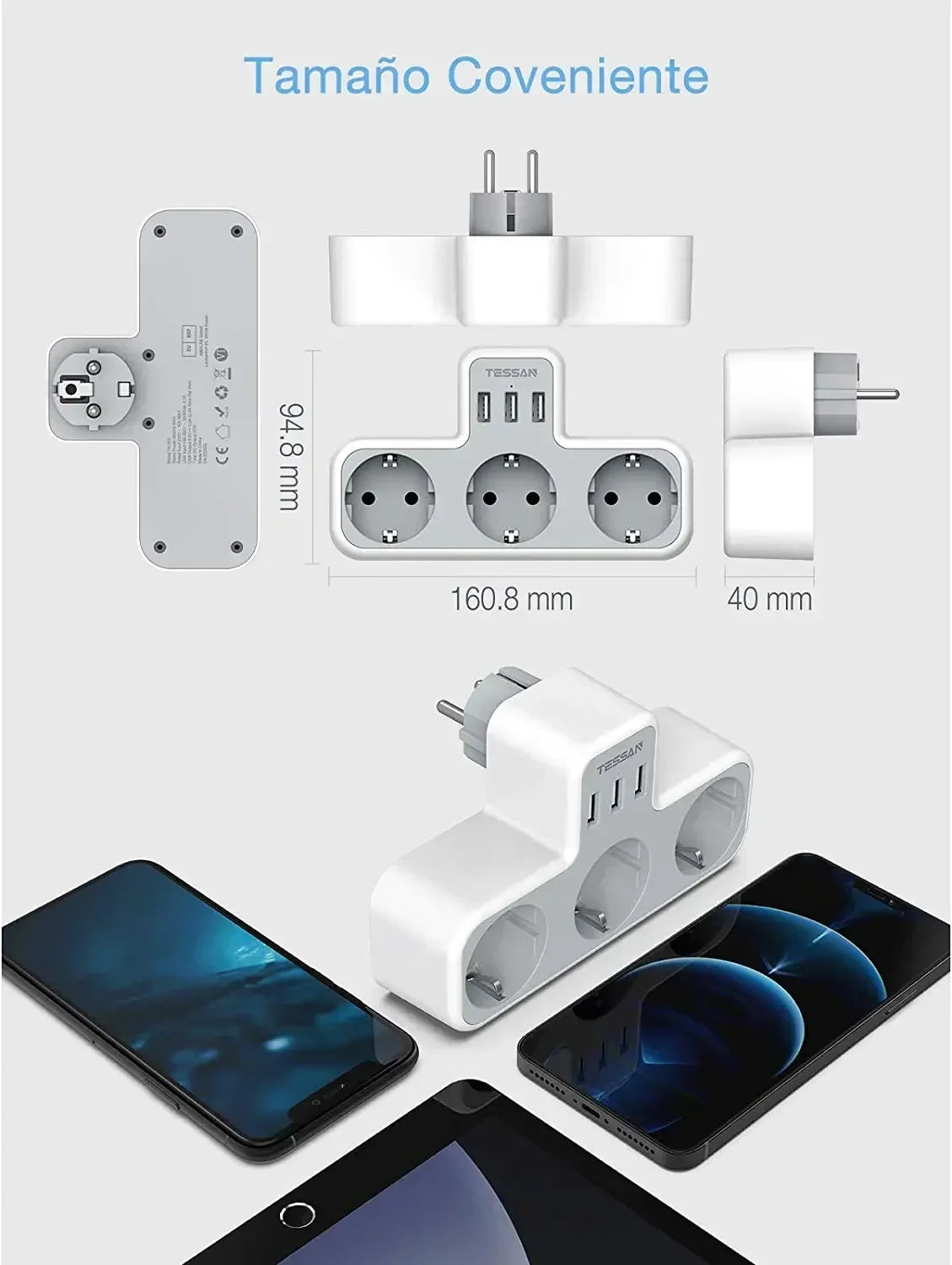 TESSAN 6-in-1 Socket Adapter – 3-Way Outlet with USB & Surge Protection for Travel, Smartphones & Laptops!