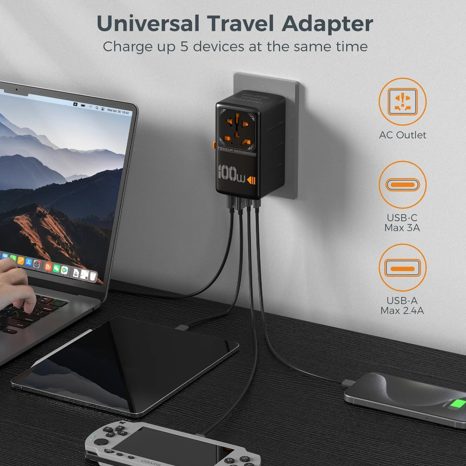 TESSAN 100W GaN Universal Travel Adapter – Fast Charging USB & Type-C Plug for EU/UK/US/AU!