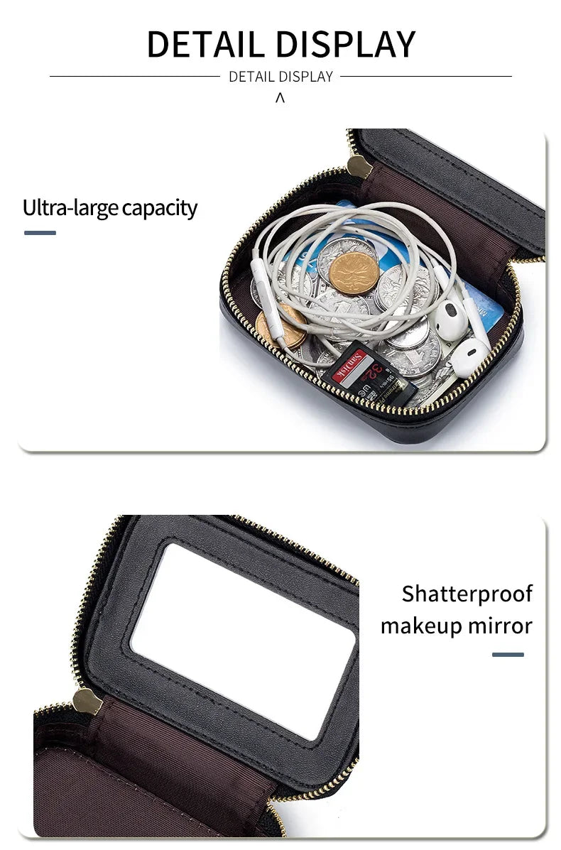 Mini Leather Cosmetic Bag – Stylish Lipstick & Coin Purse with Built-in Makeup Mirror