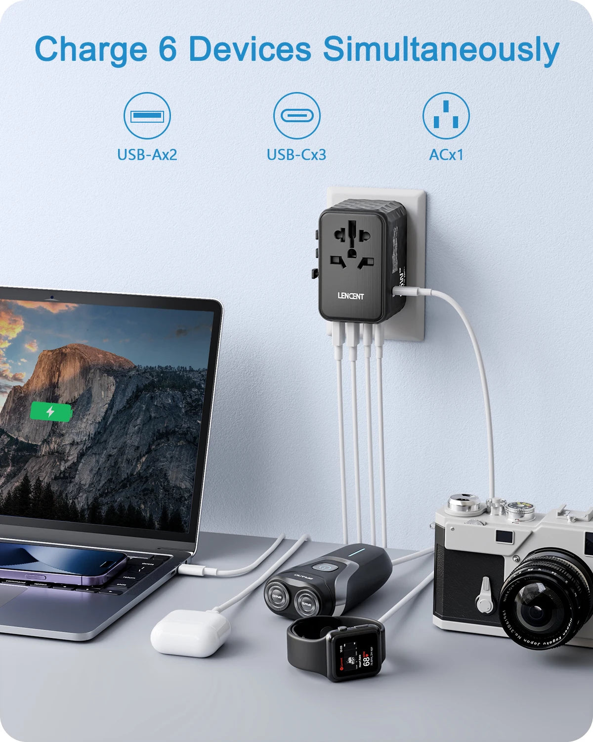 LENCENT 65W GaN Universal Travel Adapter – 2 USB & 3 Type-C Fast Charging All-in-One Charger for EU/UK/USA/AUS Travel