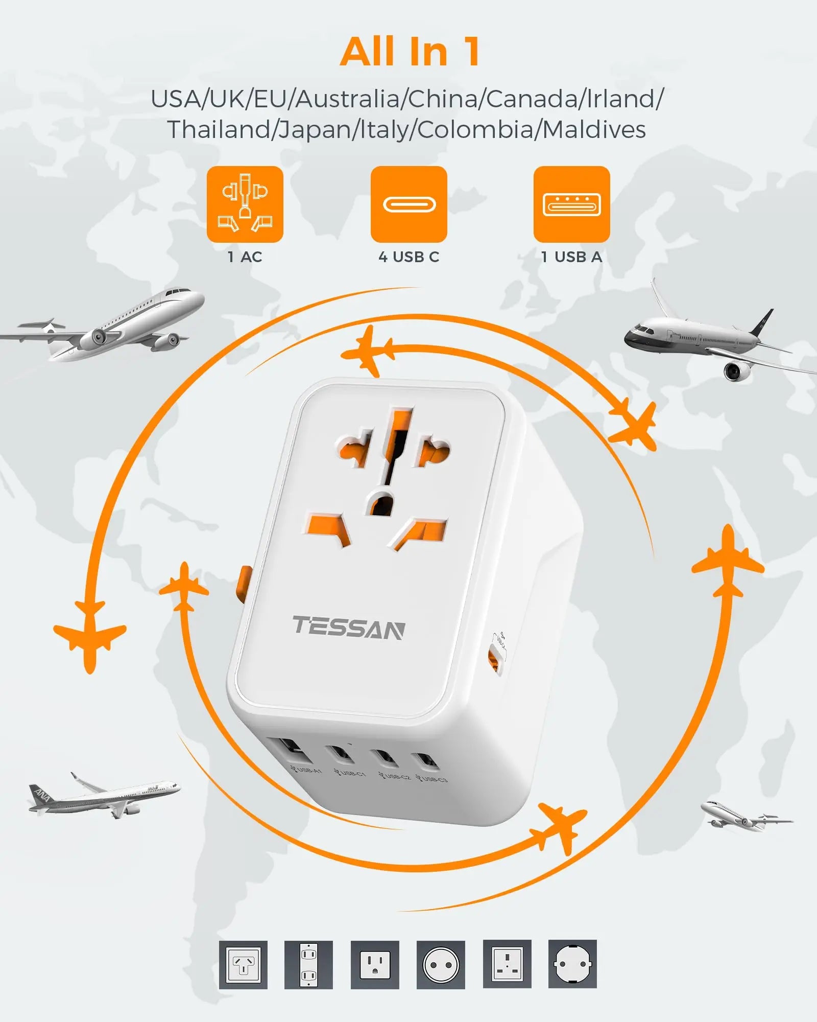 TESSAN 100W GaN Universal Travel Adapter – Fast Charging USB & Type-C Power Adapter for EU/UK/US/AU!