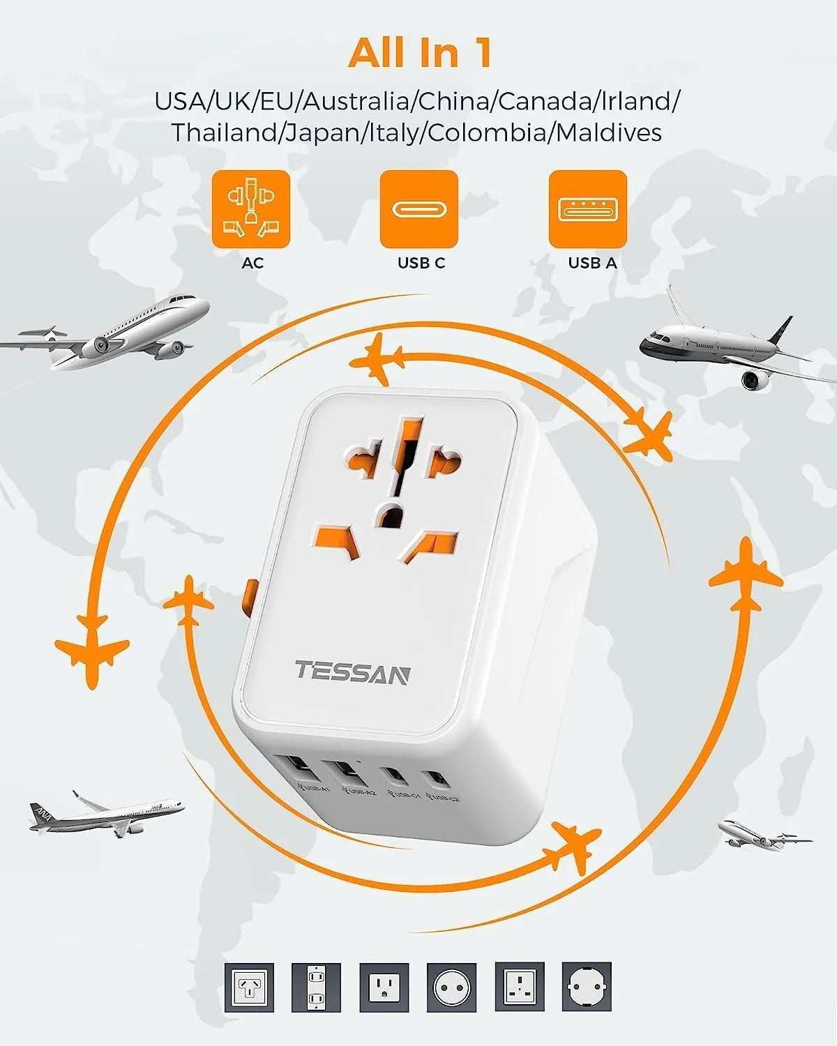 TESSAN 100W GaN Universal Travel Adapter – Fast Charging USB & Type-C Power Adapter for EU/UK/US/AU!