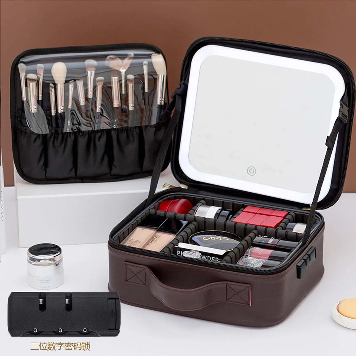 LED Travel Makeup Bag with Mirror – Large-Capacity Portable Storage Case with Combination Lock