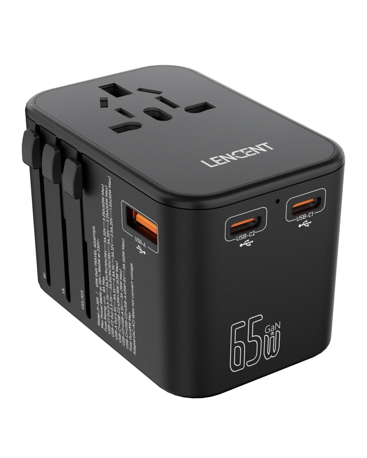 LENCENT 65W/100W GaN Universal Travel Adapter – Fast Charging EU/UK/US/AU Plug with 2 USB & 3 Type-C Ports