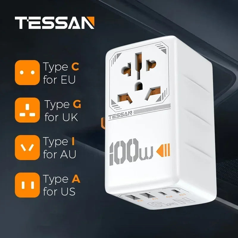 TESSAN 100W GaN Universal Travel Adapter – Fast Charging USB & Type-C Plug for EU/UK/US/AU!