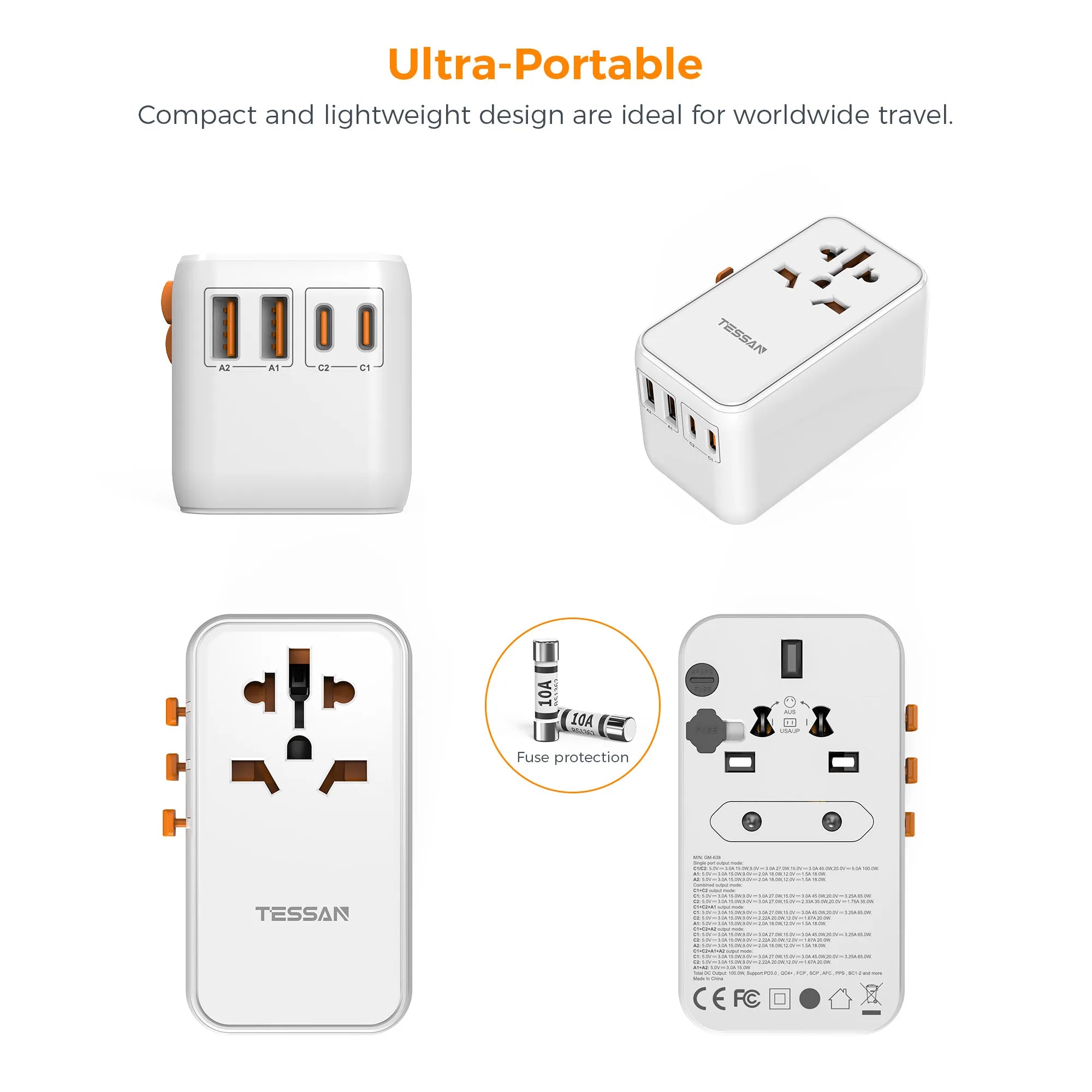 TESSAN 100W GaN Universal Travel Adapter – Fast Charging USB & Type-C Power Adapter for EU/UK/US/AU!