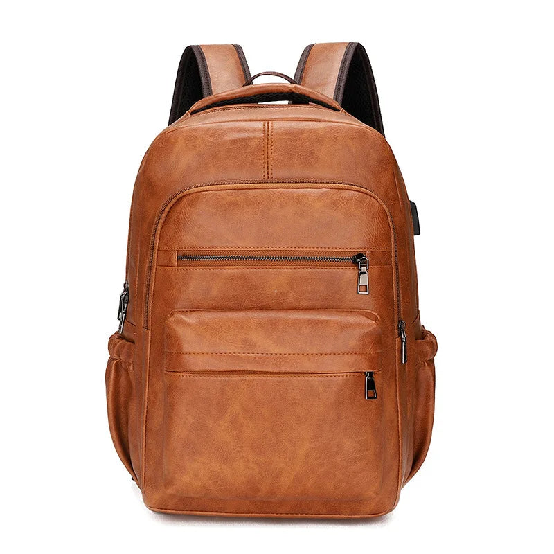 High-Quality USB Charging Backpack for Men – PU Leather Laptop Backpack, Large Schoolbag for Teenagers and Boys
