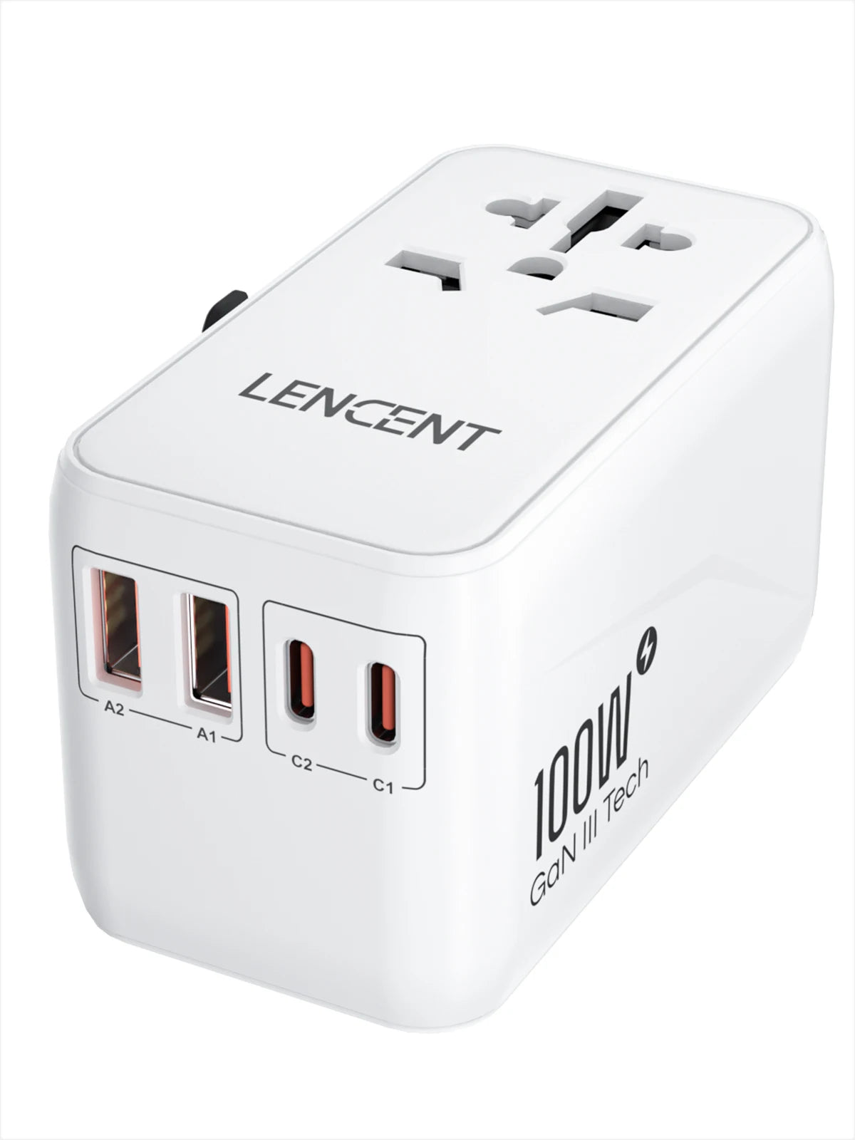 LENCENT 100W GaN Universal Travel Adapter – 2 QC4.0 USB-A & 2 PD3.0 Type-C PPS Fast Charging, EU/UK/USA/AUS Plug for Travel