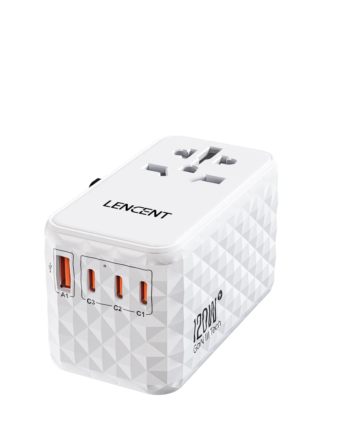 LENCENT 120W GaN International Travel Adapter – 1 USB-A & 3 Type-C PD3.0 Fast Charging EU/UK/USA/AUS Plug Travel Charger