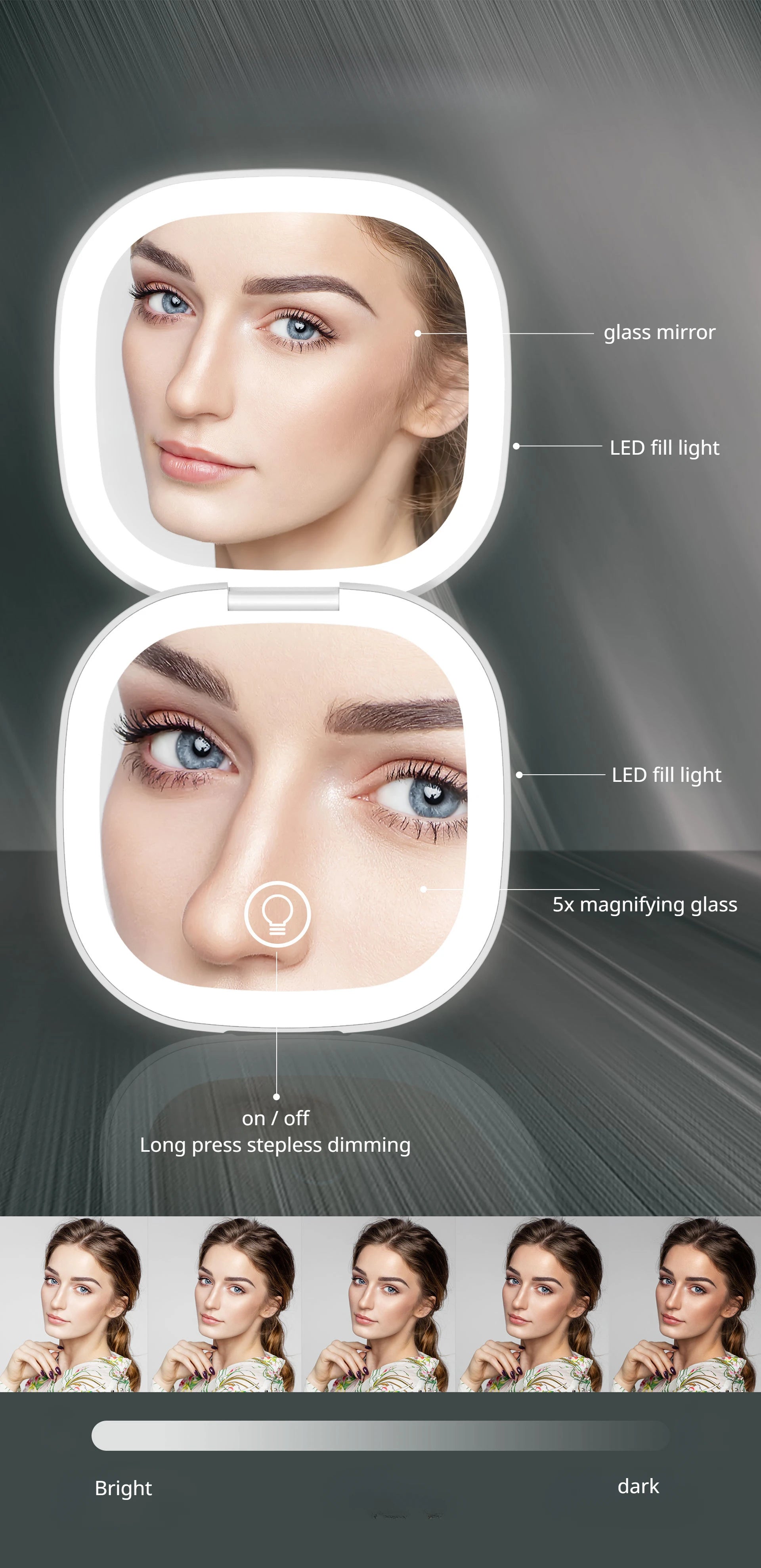 LED 5X/10X Magnifying Compact Mirror – Portable Foldable Rechargeable Travel Makeup Mirror