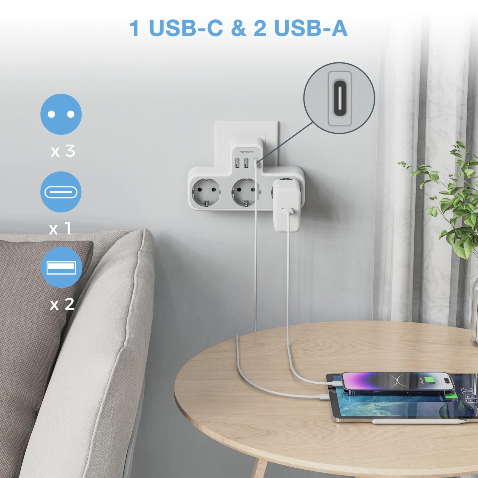 TESSAN 6-in-1 Socket Adapter – 3-Way Outlet with USB & Surge Protection for Travel, Smartphones & Laptops!