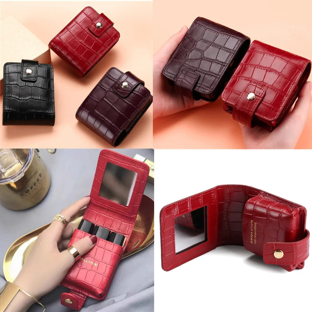 Mini Lipstick Cosmetic Bag with Mirror – Crocodile Pattern PU Travel Makeup Pouch & Organizer