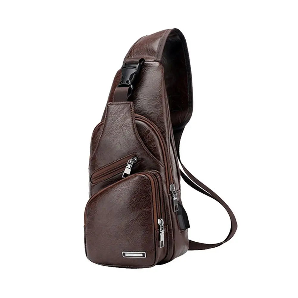 USB Data Cable Charging Chest Bag – Casual Fashion Shoulder Bag, PU Outdoor Sports Men’s Backpack