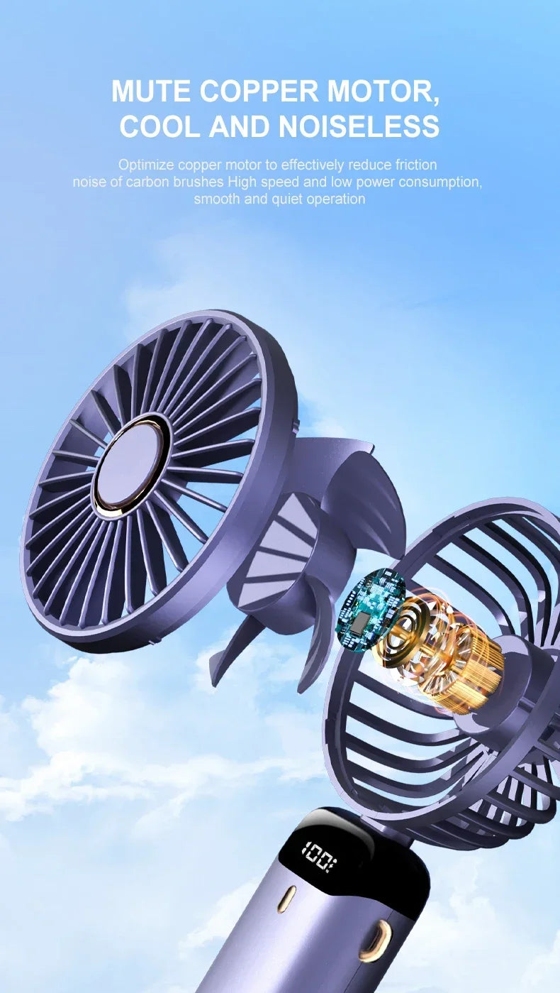 5000mAh Portable Mini Fan – Wireless USB Rechargeable, 5-Speed Foldable Neck Hanging Fan with Digital Display & Phone Holder
