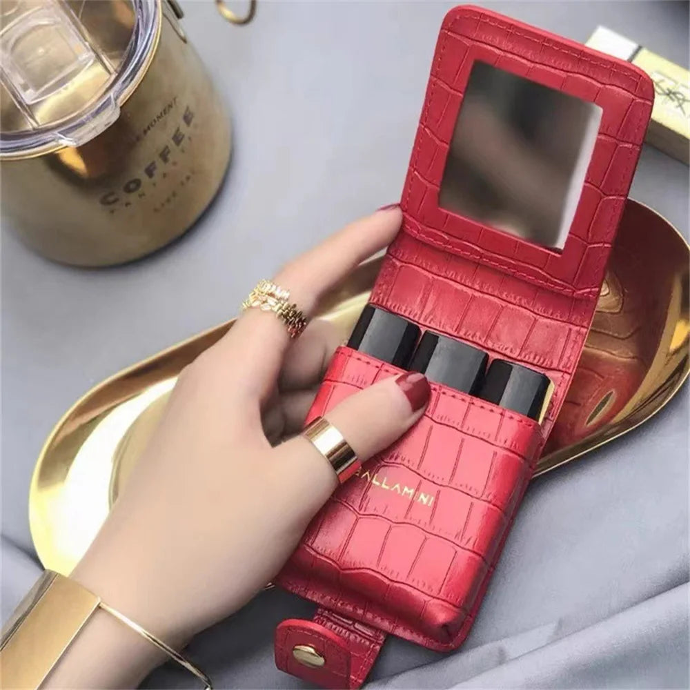 Mini Lipstick Cosmetic Bag with Mirror – Crocodile Pattern PU Travel Makeup Pouch & Organizer