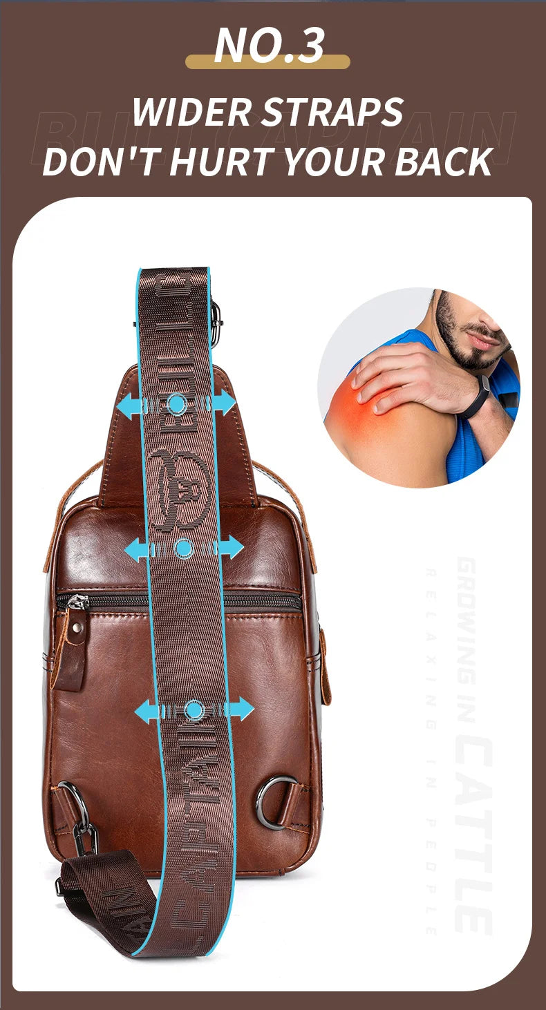 BULLCAPTAIN Men's Genuine Leather Chest Bag – Retro Anti-Theft Crossbody Bag for 7.9" Devices