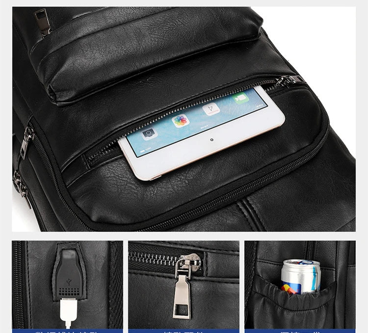 High-Quality USB Charging Backpack for Men – PU Leather Laptop Backpack, Large Schoolbag for Teenagers and Boys