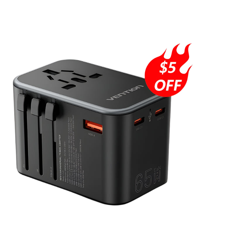 Vention 65W PD Universal Travel Adapter – All-in-One Worldwide Wall Charger with AC Power Plug for USA, EU, UK, AUS