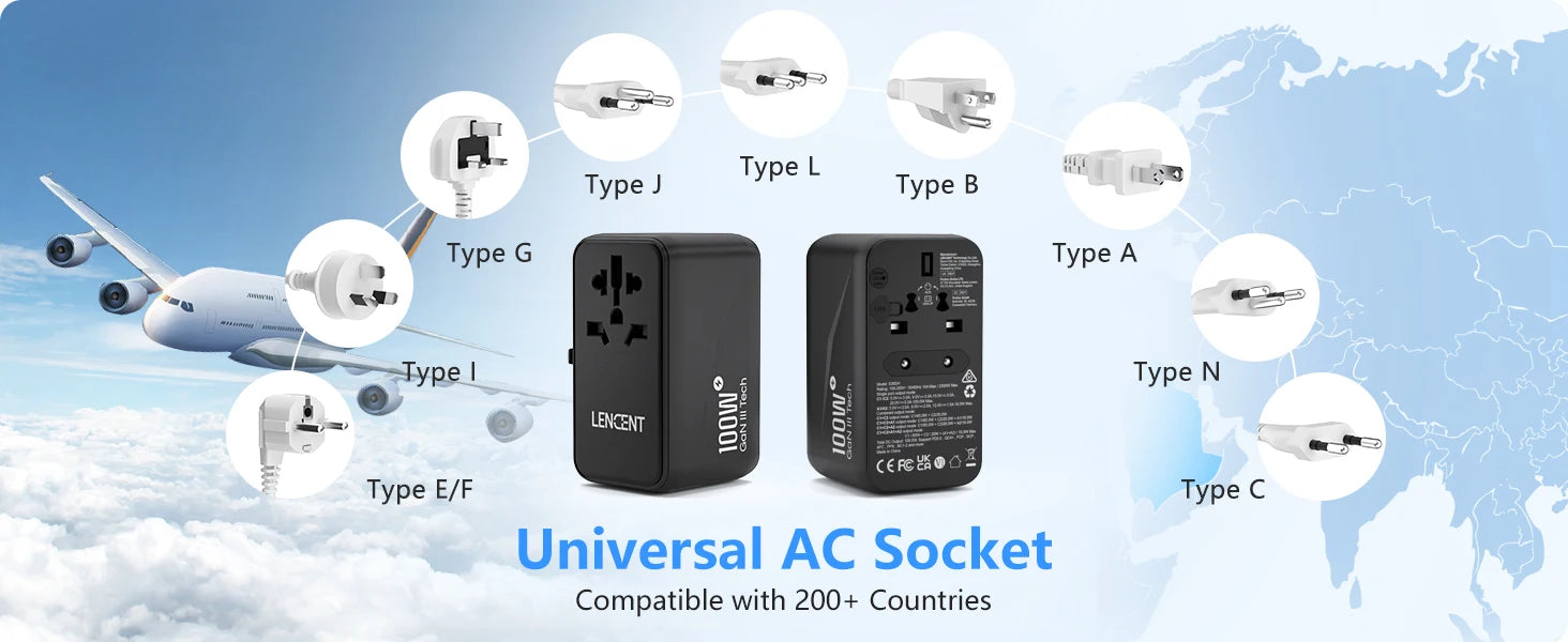 LENCENT 100W GaN Universal Travel Adapter – 2 QC4.0 USB-A & 2 PD3.0 Type-C PPS Fast Charging, EU/UK/USA/AUS Plug for Travel